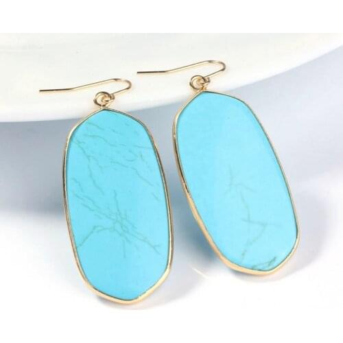 100-Unique 1 Pair Light Yellow Gold Color Blue Howlite Stone Oval Earrings Elegant Womens Earring