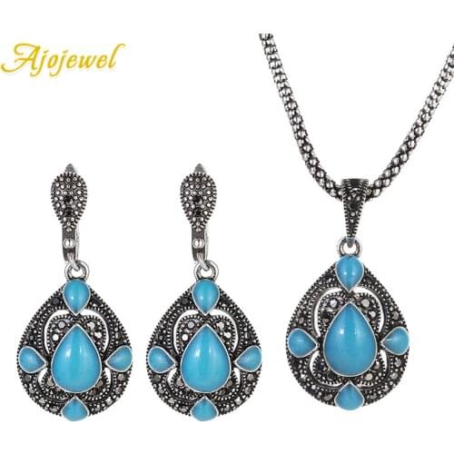Ajojewel Blue & Green & Red Semi-precious Stone Vintage Jewelry Sets For Women Water Drop Shaped Necklace Earrings Ethnic