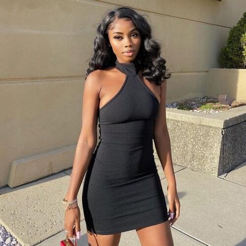BKLD 2021 New Summer Backless Sexy Hollow Out Lace-up Bandage Bodycon Dress Women Fashion Black Sleeveless Turtleneck Mini Dress