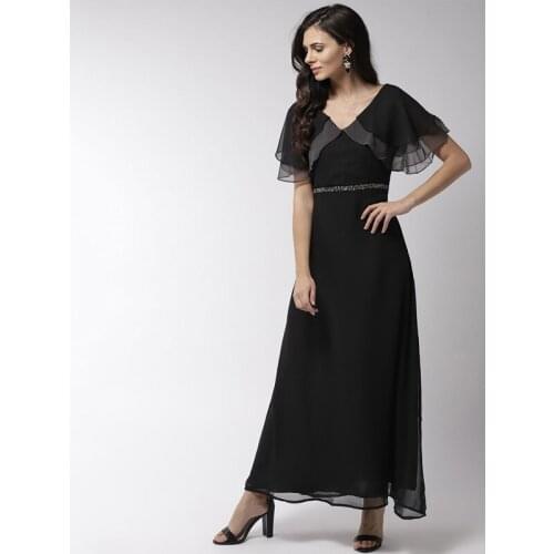 V Neck Floor-Length Black Ruffles Joining Together Formal Dress Women Elegant Sequins Zipper Up 2021 New Evening Gown