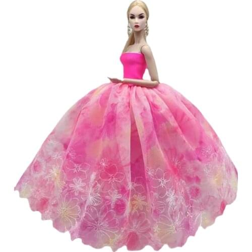 30cm Hot Pink Floral Multi Layer Lace Wedding Dress for Barbie Doll Clothes Princess Gown Outfit 1/6 BJD Playhouse Accessory Toy
