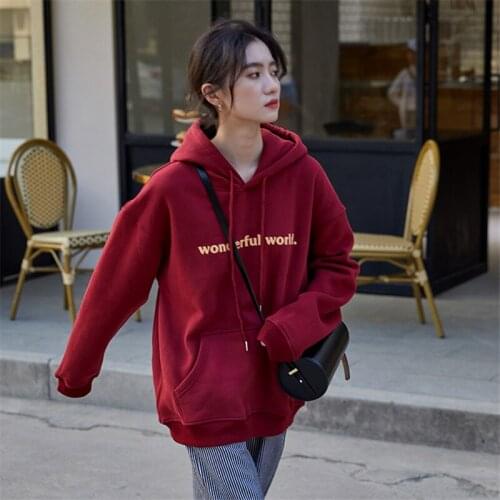 B2515 Autumn Winter Women Hooded Sweatshirts Thicken Warm Loose Drawstring Big Pocket Popular Style Letter Printed Pullovers