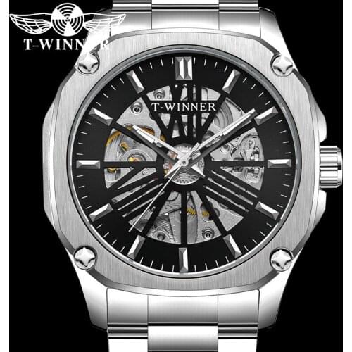 WINNER Automatic Mechanical Men Wristwatch Military Sport Waterproof Male Clock Top Brand Luxury Silver Skeleton Man Watch 8216