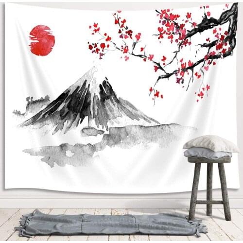 Japanese Decor Tapestry, Asian Anime Mount Fuji Red Sun Wall Hanging Japanese Art Cherry Blossom Decorations