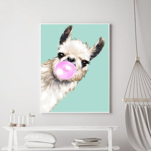 Art Canvas Painting Animal Print Peekaboo Alpaca Posters and Prints Cartoon Bubble Blade Wall Picture For Baby Kids Room
