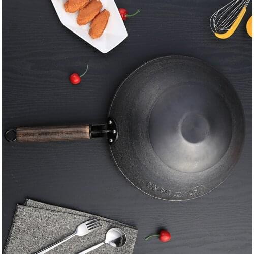 Simple Wooden Handle Wok Pan Healthy Cast Iron Traditional Gas Cooker Wok Pan Utensilios De Cocina Wedding Decoration EC50CG
