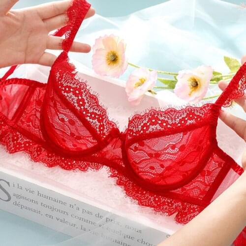 Red Transparent Sexy Lingerie Women Bra And Panty Sets Plus Size C D Underwire Push Up Brassiere Embroidery Female Underwear Set