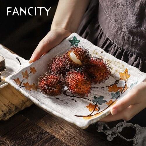 FANCITY Creative retro ceramic Japanese deep dish soup plate dish square plate personality hand-painted salad snack plate househ