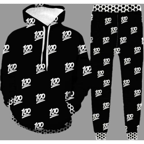 Trend Brand Mens Sets 100 Points Printing Hoodie + Pants Student Cartoons Sweatshirt Schoolyard Loose Latest Fashion Clothing