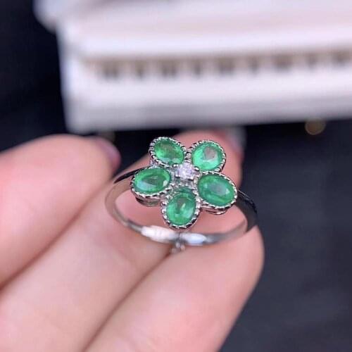 Fashion new flower shape green emerald gemstone ring for women ornaments real 925 silver natural gem lucky birthstone