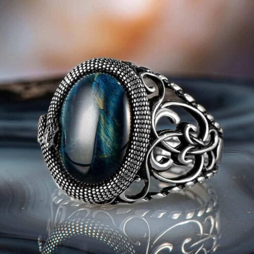 New Authentic Sterling Silver Antique Turkish Snake Ring And Blue Tiger Eye Stone Mens Colorful Punk Rock Jewelry