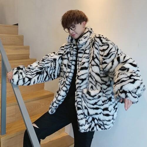 Mens Leopard Print Furry Coat Casual Loose Retro Faux Fur Zipper Jacket Charming Lapel Streetwear Winter Warm Pockets Parka