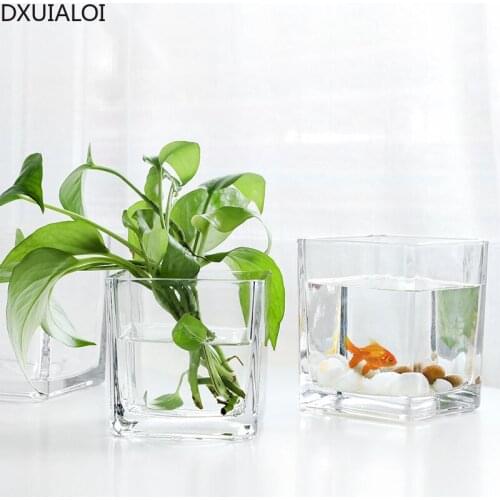 DXUIALOI Nordic simple square transparent thickened glass vase home living room hydroponic flower arrangement vase decoration