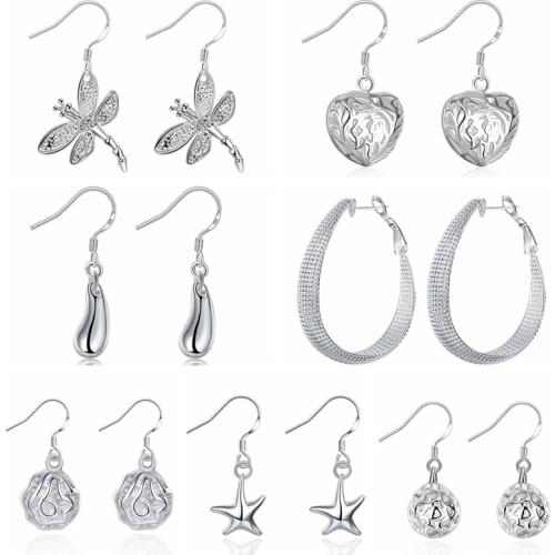 Silver Color Water Drop Round Rose Heart Star Dangle Earrings for Women Simple Geometric Hanging Earings