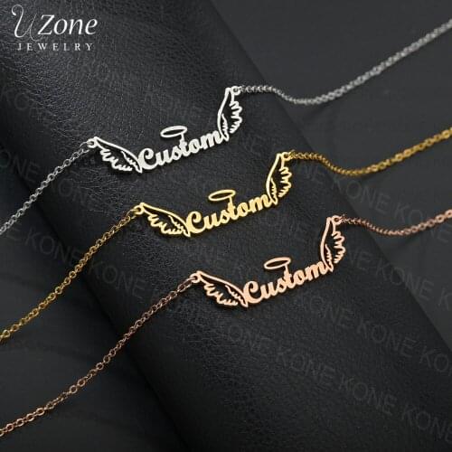 Uzone Necklace Personalized Stainless Steel Chain Angel Pendant Customized Nameplate Necklace for Women Wings Romantic Gifts