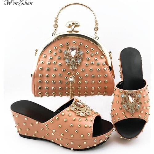 High Quality Wedges Shoes and Bag Matching Set 7.5cm Matching Shoes and Bag Set with iron nails Newest 38-42 WENZHAN B28-20