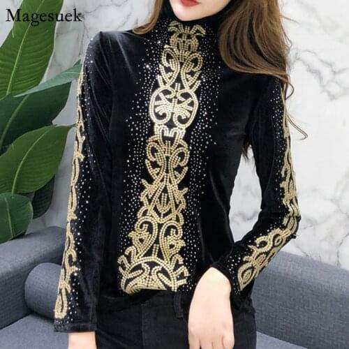 Plus Size Long Sleeve Women Blouses Velvet Turtleneck Pullover Shirts Women Diamonds Sexy Slim Blouses Women Casual Blusas 7853