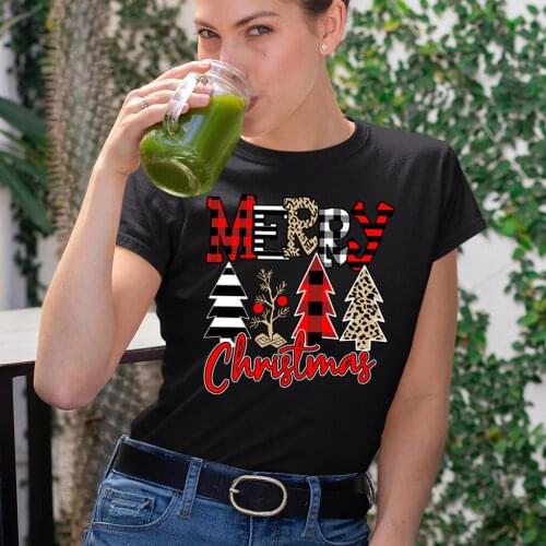 Merry Christmas Colorful Trees Printed T-shirts Women 2020 Shirts for Women Casual Aesthetic Clothes Crew Neck Ladies Top Female