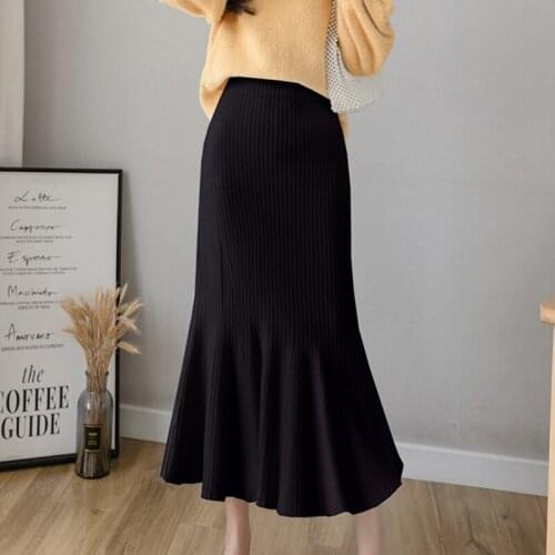 Fall Winter Korean Chic Ruffles Slim High Waist Skirts Women Fashion Solid Wrap Hip Knitted Trumpet Skirt Faldas