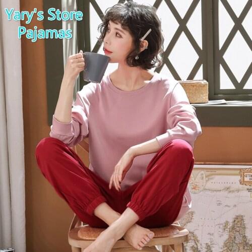 Women Pajamas Christmas Pajamas Adult Autumn New Female Long-sleeved Cotton Pure Color Cartoon Sets Round Collar Pajama Set