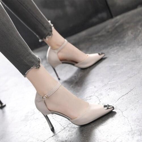 Womens shoes 2020 Pointed-toe womens single shoes one-word buckle stiletto 5cm/7cm/8.5cm high heels large size diamond