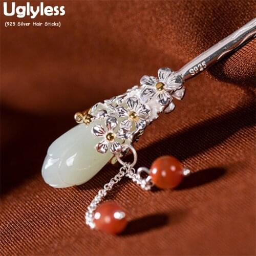 Uglyless Elegant Eastern Beauty Hair Jewelry for Women Natural Jade Magnolia Hair Sticks Agate Tassels Forks Solid 925 Silver