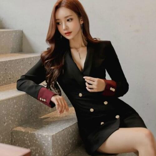 Woman Lapel Buttons Slim Long Blazers Double-breasted Pleated Dress Long Jacket OL Woman Suits Dress 2018 Long Sleeved Tops
