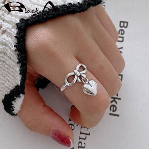BLACK ANGEL 925 Sterling Silver Temperament Sweet Bowknot Love Heart Ring Female Vintage Fashion Elegant Birthday Jewelry Gifts
