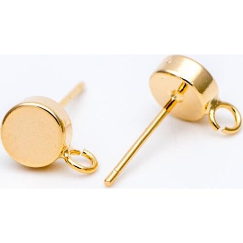 10pcs Gold plated Brass Stud Earring, Round Coin Ear Posts with Ring/ Loop (GB-656)