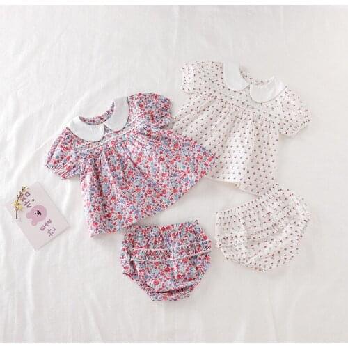 2Pcs/Lot Summer Infant Baby Girls Clothing Sets Cotton Flower Cherry Print Blouse Shirt+ruffles Shorts Baby Sets Girl Clothes