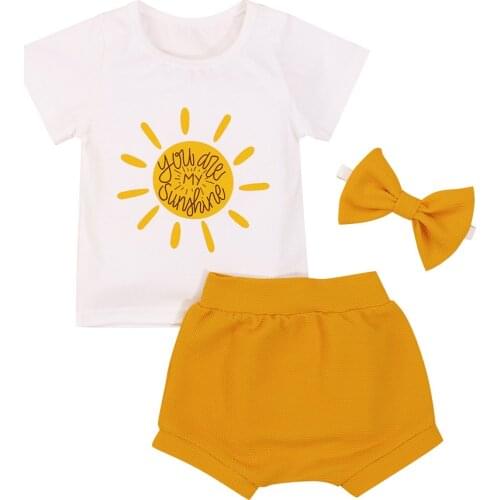 2021 0-3Y Casual Toddler Girl Clothing You Are My Sunshine Letter Sun Print Short Sleeve T-shirt+High Waist Shorts+Headband 3pcs