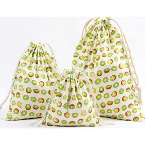 3 Size Fruit Design Printed Drawstring Bag Pocket Storage Pouch Kiwi Pattern Backpack Women Cotton Fabric Bags