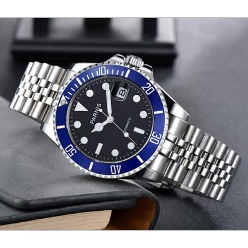 40mm PARNIS Sapphire Crystal 21 jewels Automatic machinery movement luminous mens watches blue ceramic bezel GR126-20