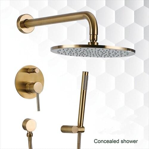 8-12Inch Brushed Gold Solid Brass Bathroom Shower Set Rianfall Shower Head Shower Faucet Wall Mounted Shower Arm Mixer Water Set