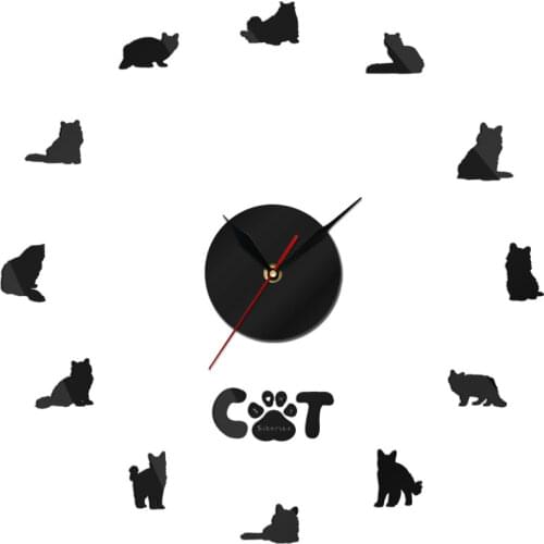 Siberian Cat Big Needle Frameless Cute Kitten Large Wall Watch DIY Lovely Wall Art Giant Wall Clock Pet Shop Decorative