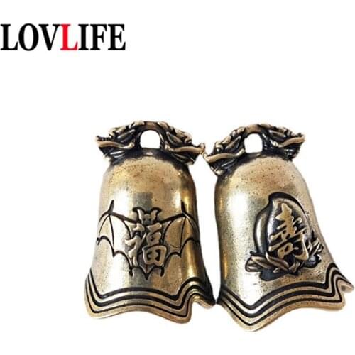 Brass Dragon Head Blessing Longevity Bell Keychain Lucky Feng Shui Pendant Jewelry Animal Bat Peach Figure Keyring Car Key Chain