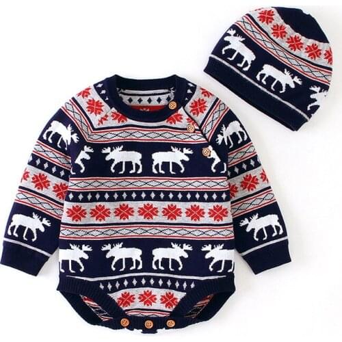 Baby Knitted Christmas Bodysuit European Newborn Autumn Winter Long-sleeved Jumpsuits Infants Boys Girl Bodysuit Hat Clothes