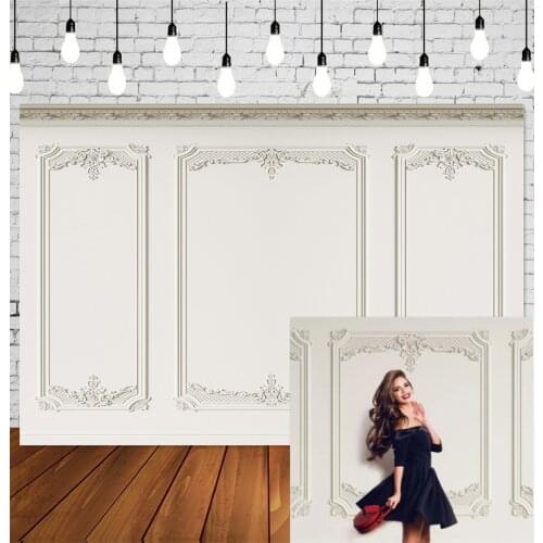 HUAYI Photography backdrop solid color classic interior white wall mouldings carving pattern photobooth background W-3869