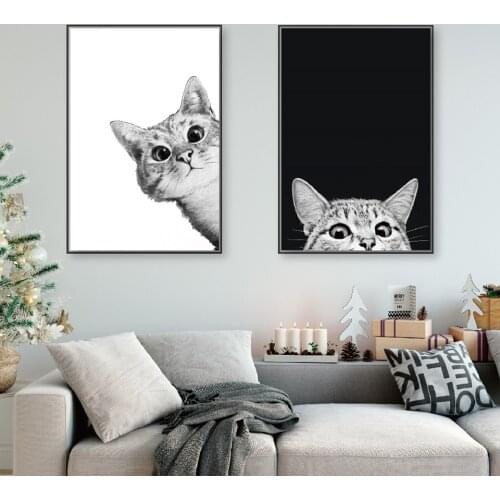 Canvas Prints Painting Nordic Style Lovely Black White Cats Posters Wall Art Animals Modular Pictures For Living Room Home Decor