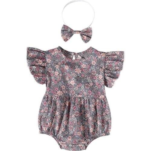 Summer Newborn Baby Girls Bodysuits Flowers Print Ruffles Short Sleeve Romper Headband 2pcs Cute Toddler Girl Jumpsuits Clothing