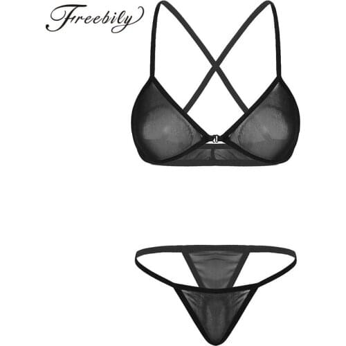 Women Sexy extreme bikini Lingerie Set See Through Sheer Mesh Spaghetti Straps Bra Top with G-String Thong Briefs Underwear