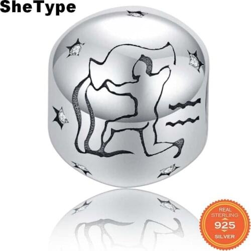 SheType 2.8g Water Sign Constellation Round Beads for Women Jewelry Making Aquarius Clear Star Charm 925 Solid Sterling Silver