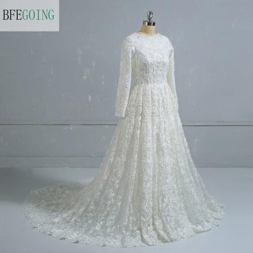 Ivory Lace Satin Beads Long Sleeves Floor-Length A-line Wedding dress Bridal gown Chapel Train Custom made