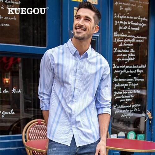 KUEGOU 2021 Spring 100% Cotton Striped Casual Shirt Men Oversize Male Fashion Unusual Collar Button Long Sleeve Clothing 20514