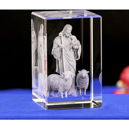 Laser Cube Engraver Jesus Shepherd Christian Catholic Statues Factory Customized Crystal Engraving Creative Gift Decoration