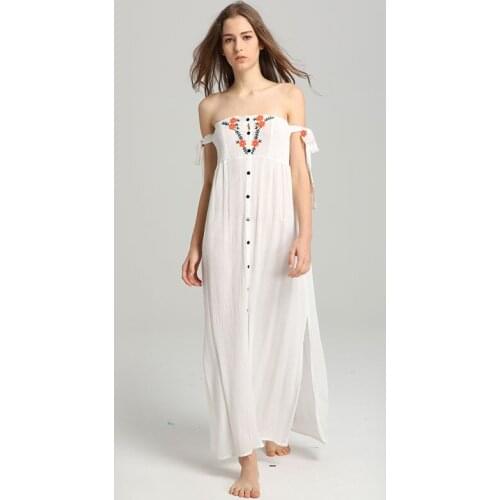 Summer new wave dress Bohemian travel holiday island beach dress retro embroidery flower long dress white temperament dress