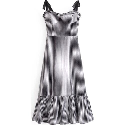 Summer Chic restore ancient ways in the long plaid dress shoulder lace waist flounces gentle grace false skirt