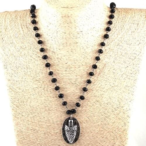 Fashion Bohemian Jewelry Black Glass Crystal Rosary Chain Metal Pendant Necklace For Women Ethnic Necklace