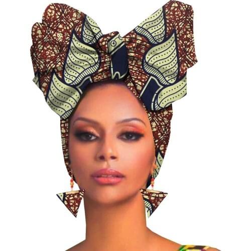 Exaggerated earrings with African printed batik cotton headscarf WH004 foldable into a favorite design