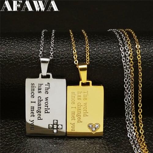 2PCS Geometric Couple Letters Love Stainless Steel Crystal Couple Necklace Women/Men Cold Silver Color Jewelry cadena NXS01